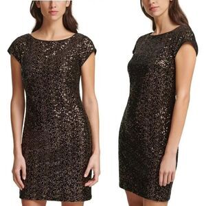 Eliza J. Black Bronze Sequin Velvet Cap Sleeve Dress Sz 4